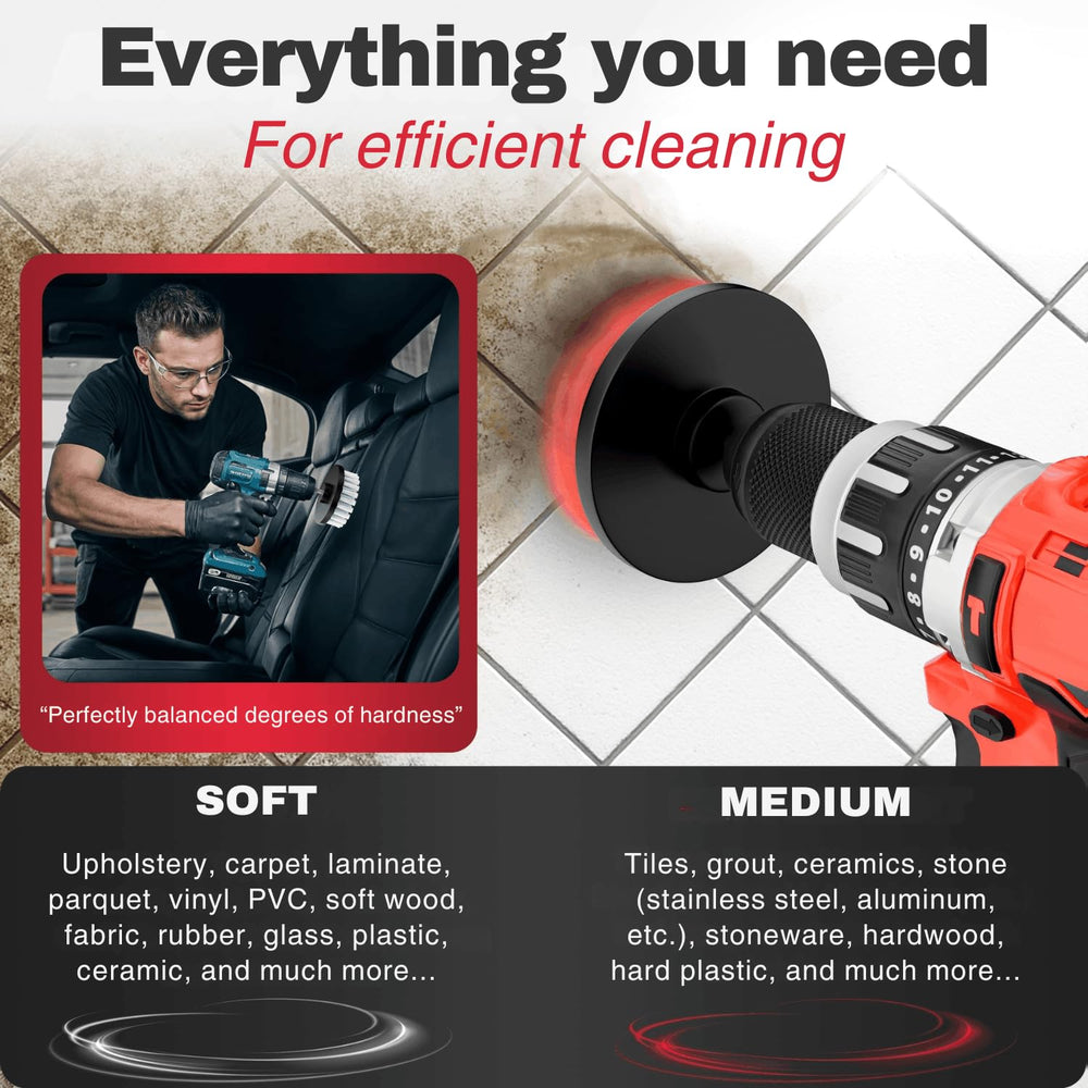 M&A QUALITY brushes attached to drill cleaning a grout seam, faster scrubbing benefit
