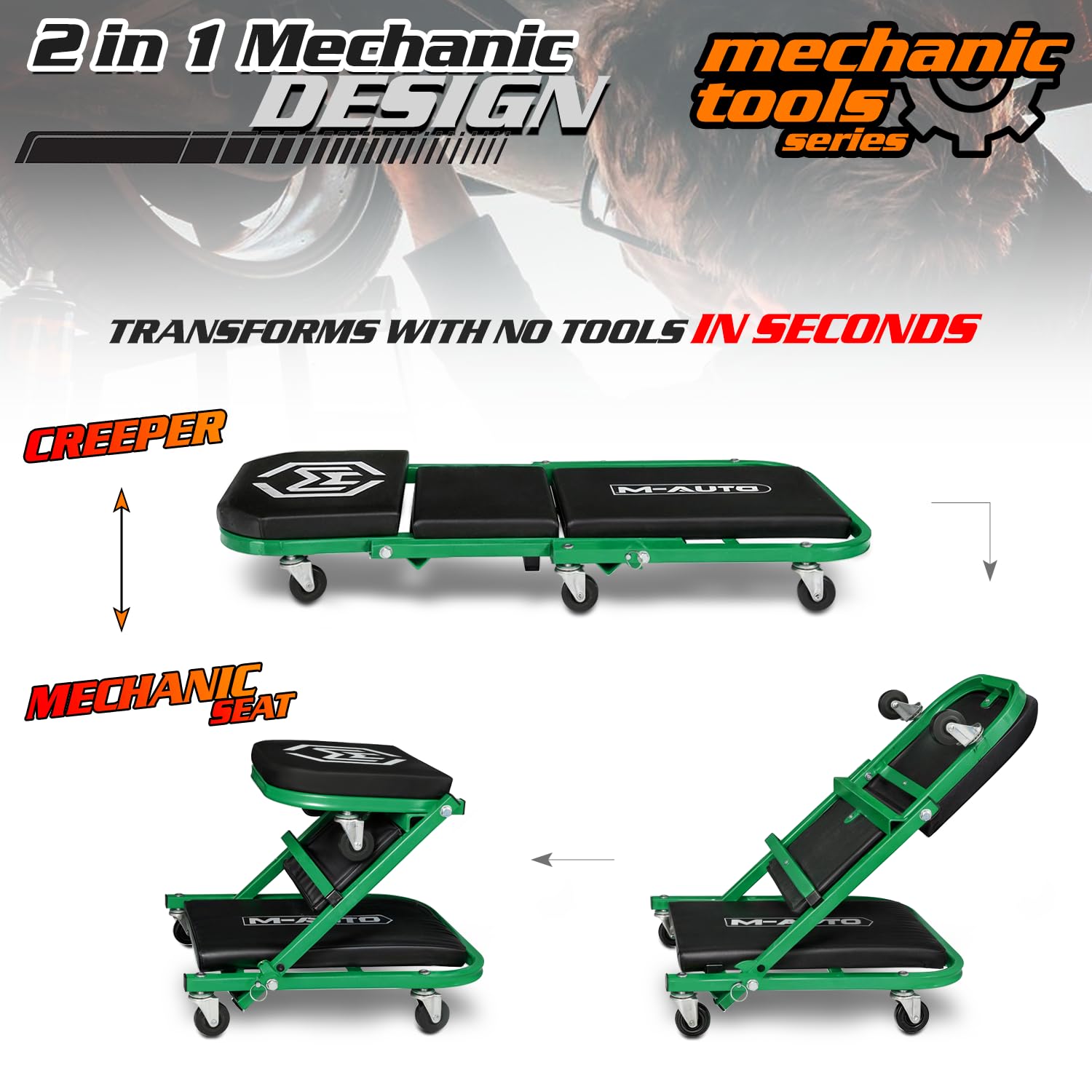 M-AUTO close-up of polyurethane swivel caster wheels for smooth maneuvering
