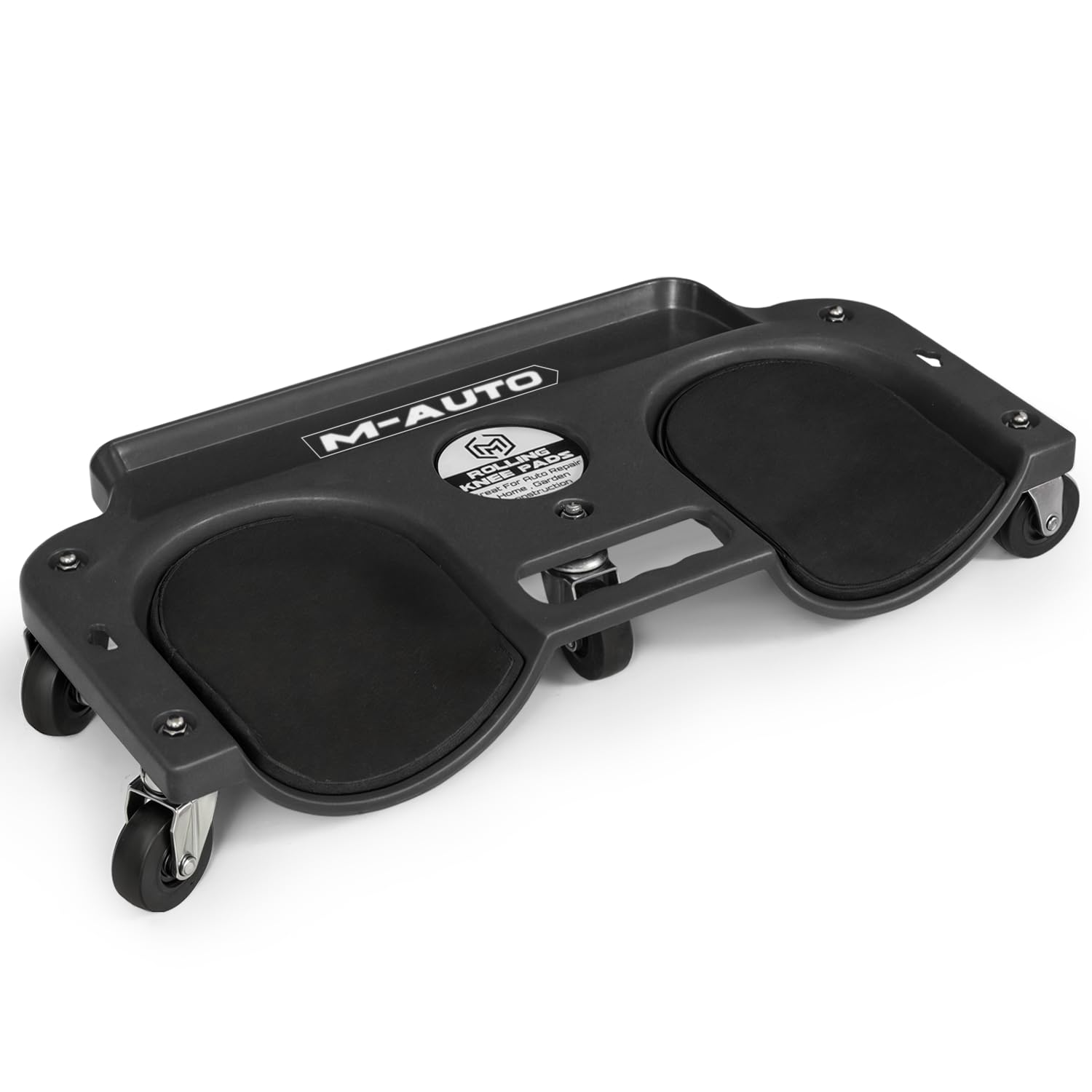 M-AUTO front view of rolling knee creeper showing stable base and tray for convenience