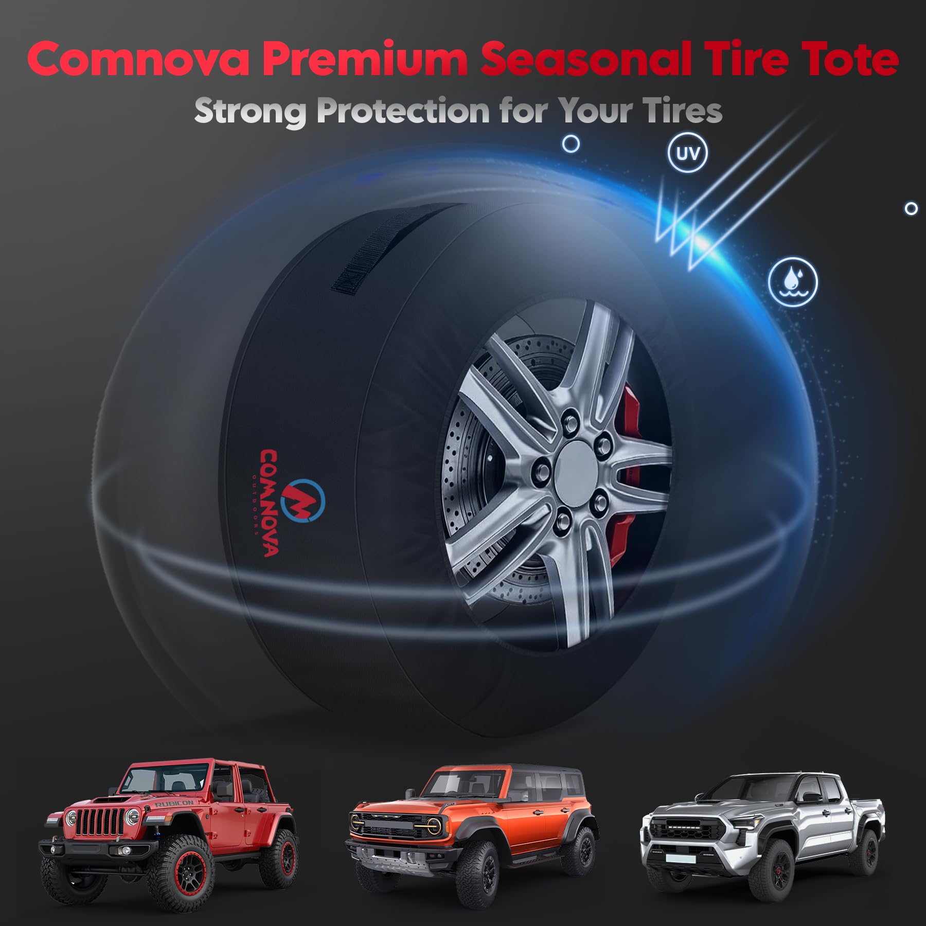 M COMNOVA OUTDOORS bag fitted on tire side profile for full coverage