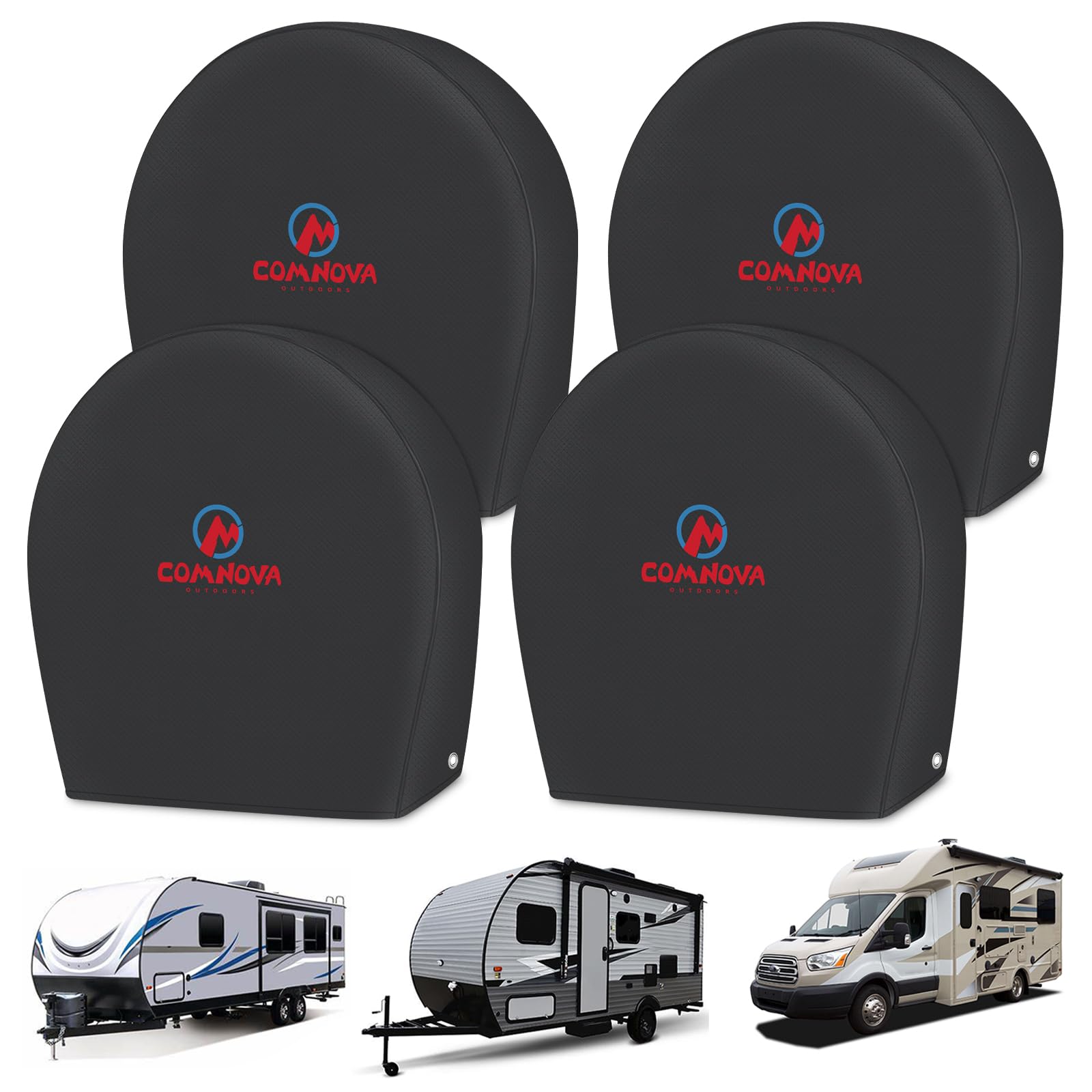 M COMNOVA OUTDOORS front view of four packaged tire covers showing included set and material
