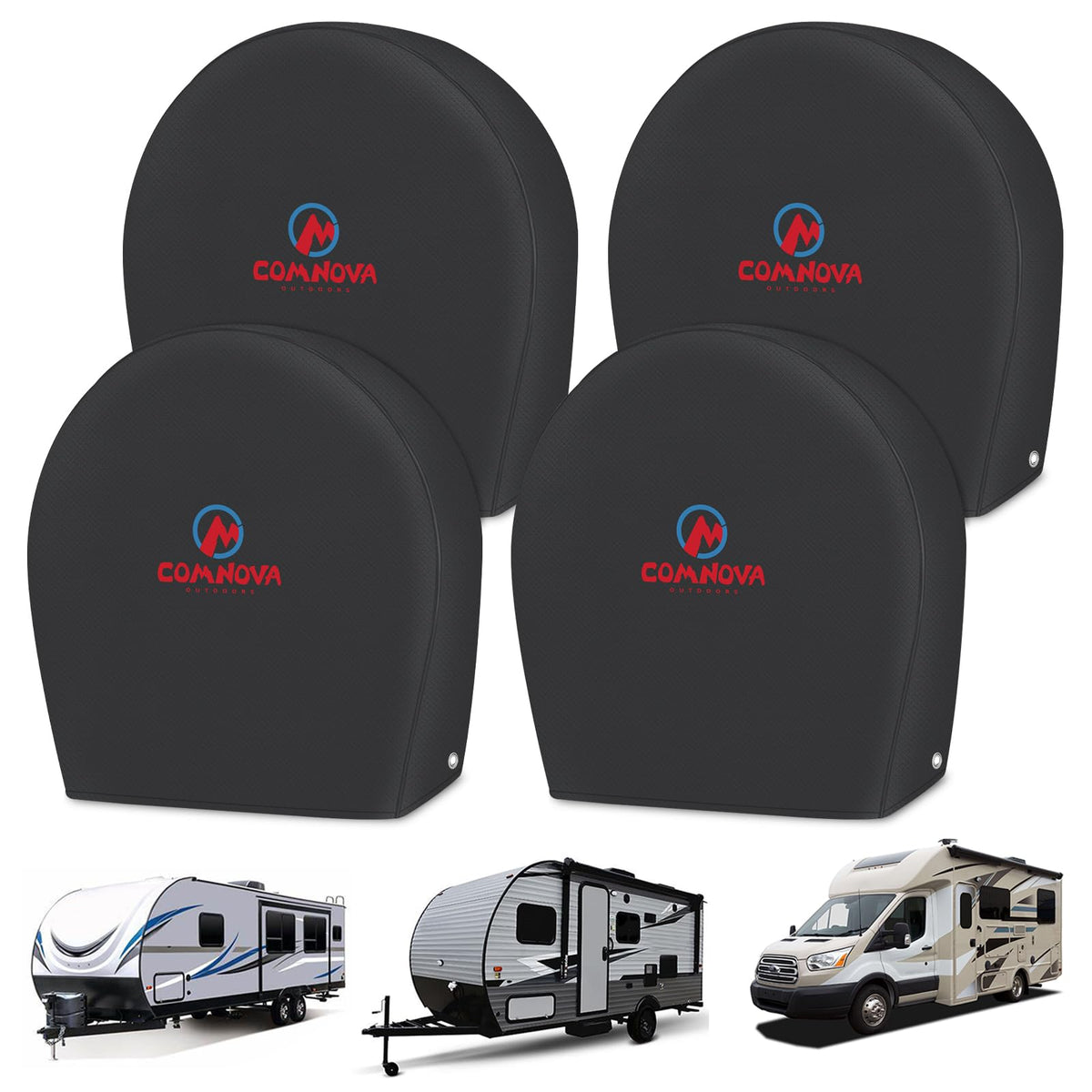 M COMNOVA OUTDOORS front view of four packaged tire covers showing included set and material