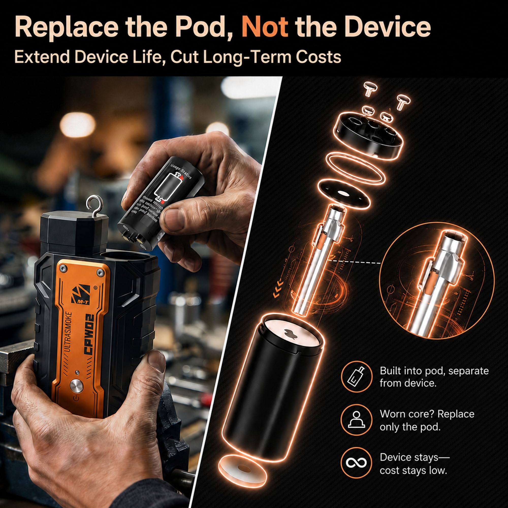 M-T detachable 5m cable stretched across engine bay for extended reach and flexible positioning