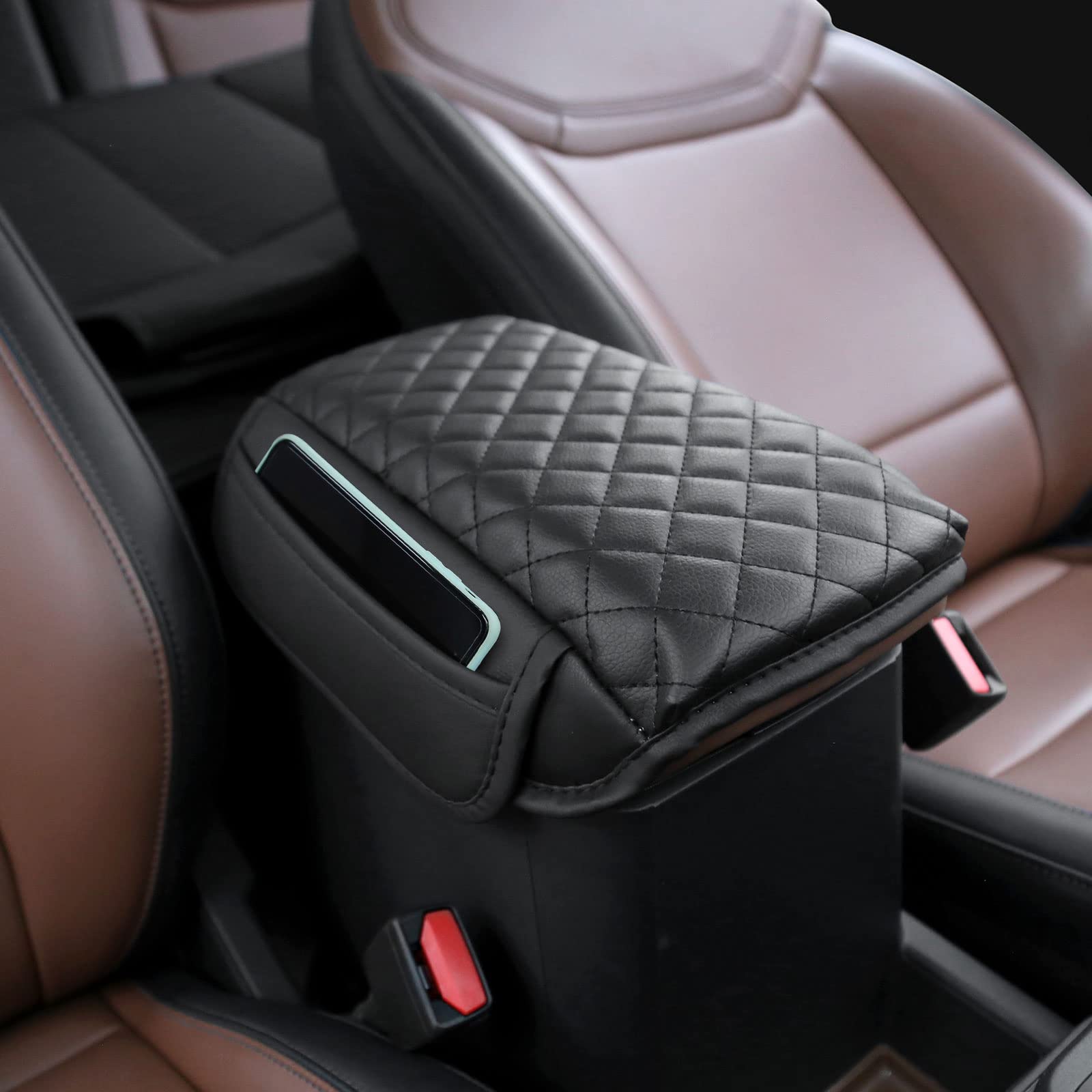 Mabett front view of console cover showing sleek black PU leather and neat fit