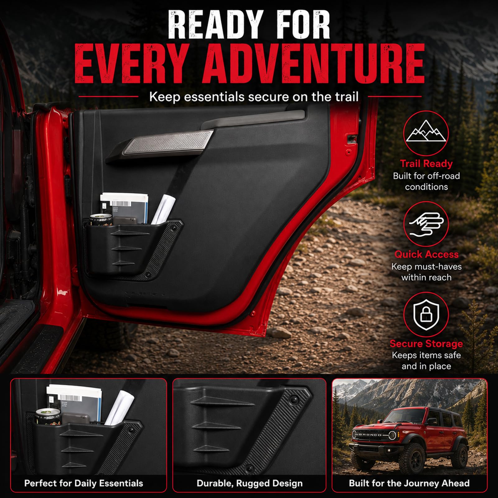 Mabett in Bronco rear seat lifestyle view showing organized passenger area