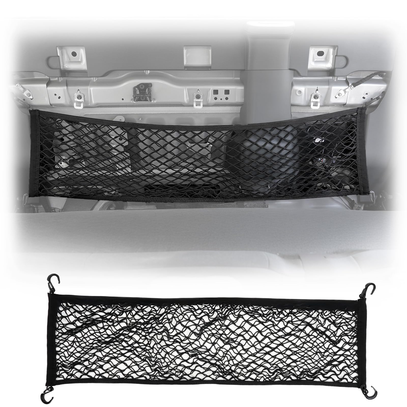 Mabett front view of rear seat net showing clean fit and instant storage