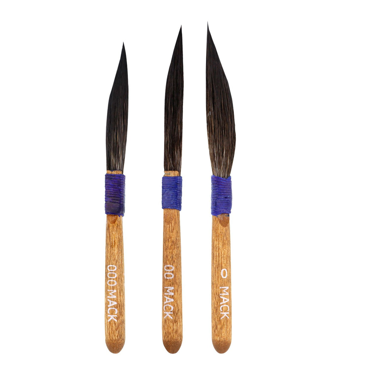 Mack Sword brushes front view showing three sizes and precise tips for accurate strokes