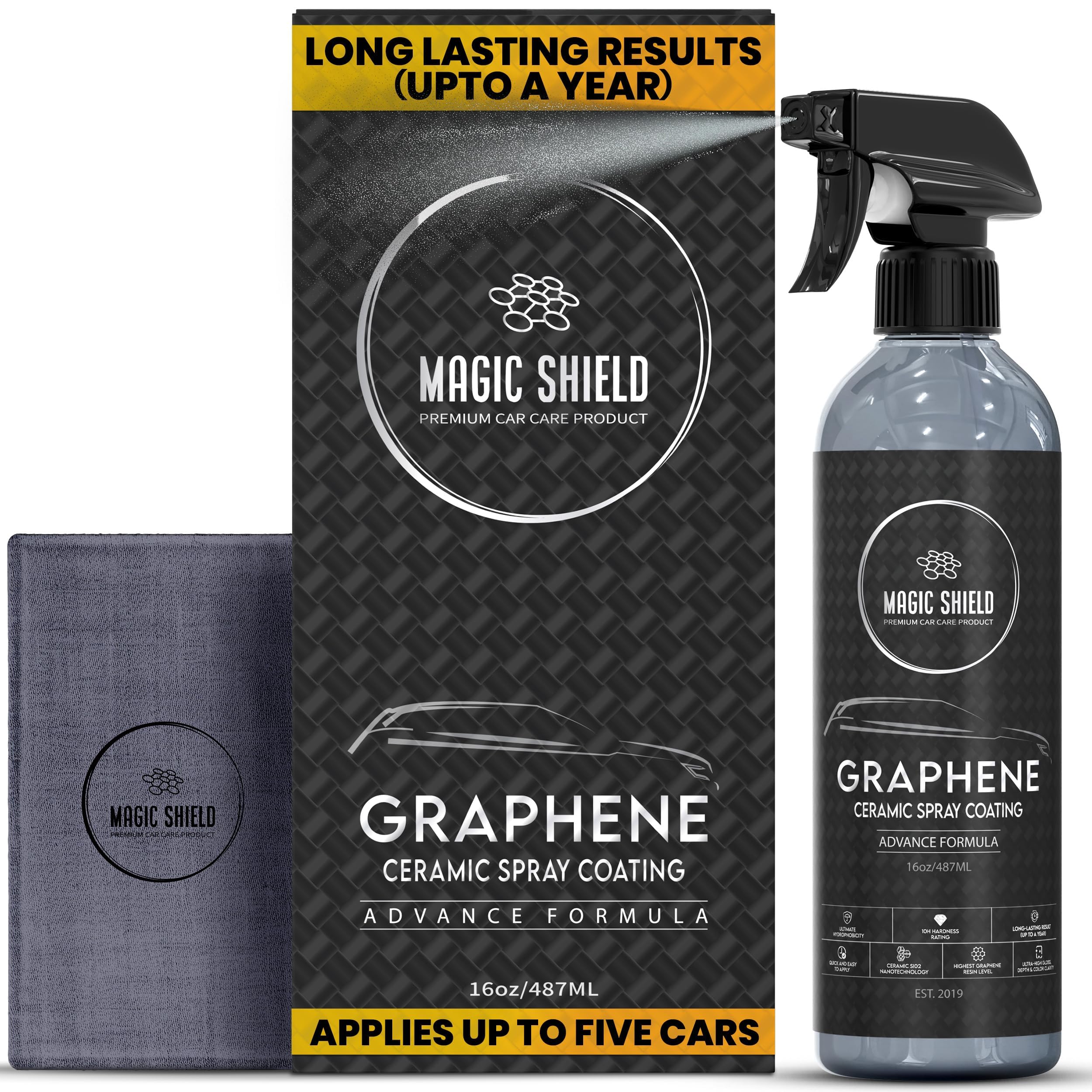 Magic Shield bottle front label showing product and benefit of clear protection