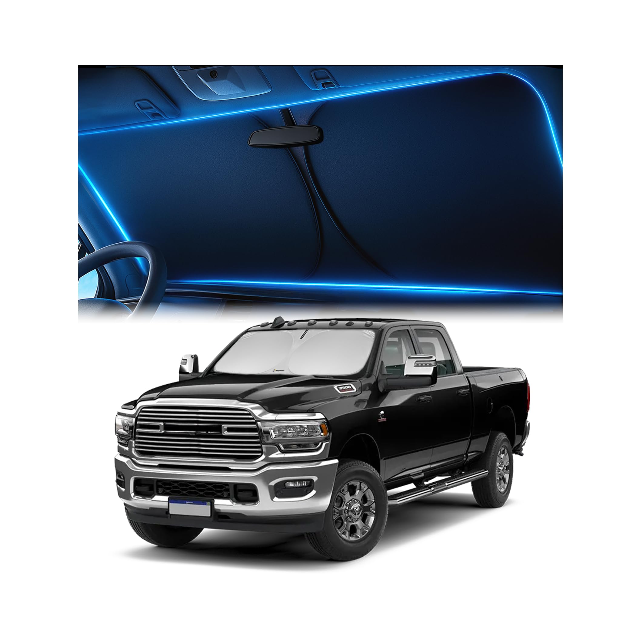 Magnelex front view of shade on truck showing full windshield coverage and protection