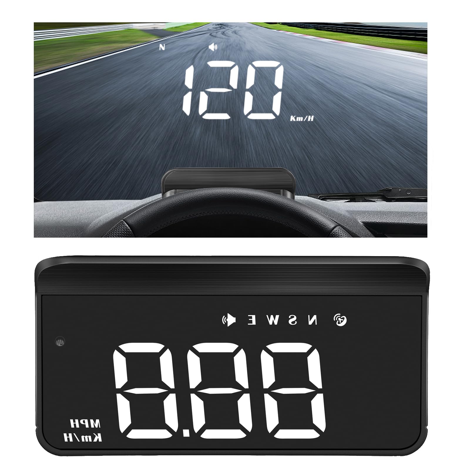MAIMEIMI front view showing compact HUD unit and clear speed display benefit clarity