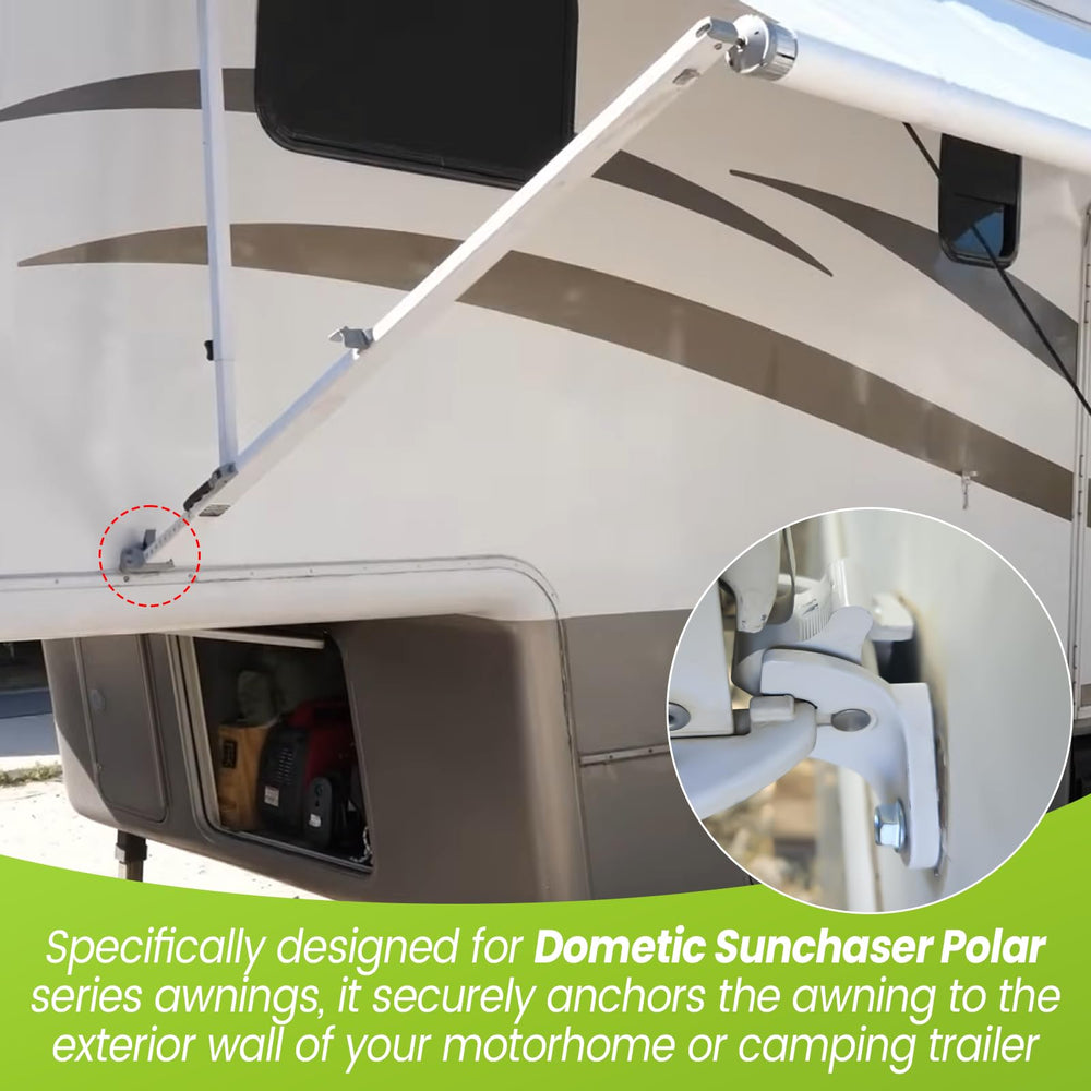 Malae bracket on RV at campsite showing improved awning stability