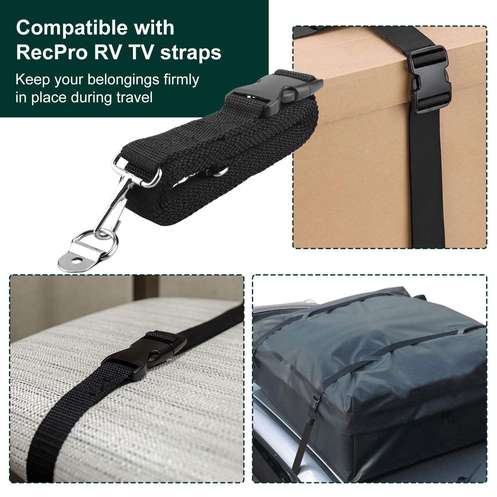 Malae straps in use holding an RV TV steady to prevent tipping during travel