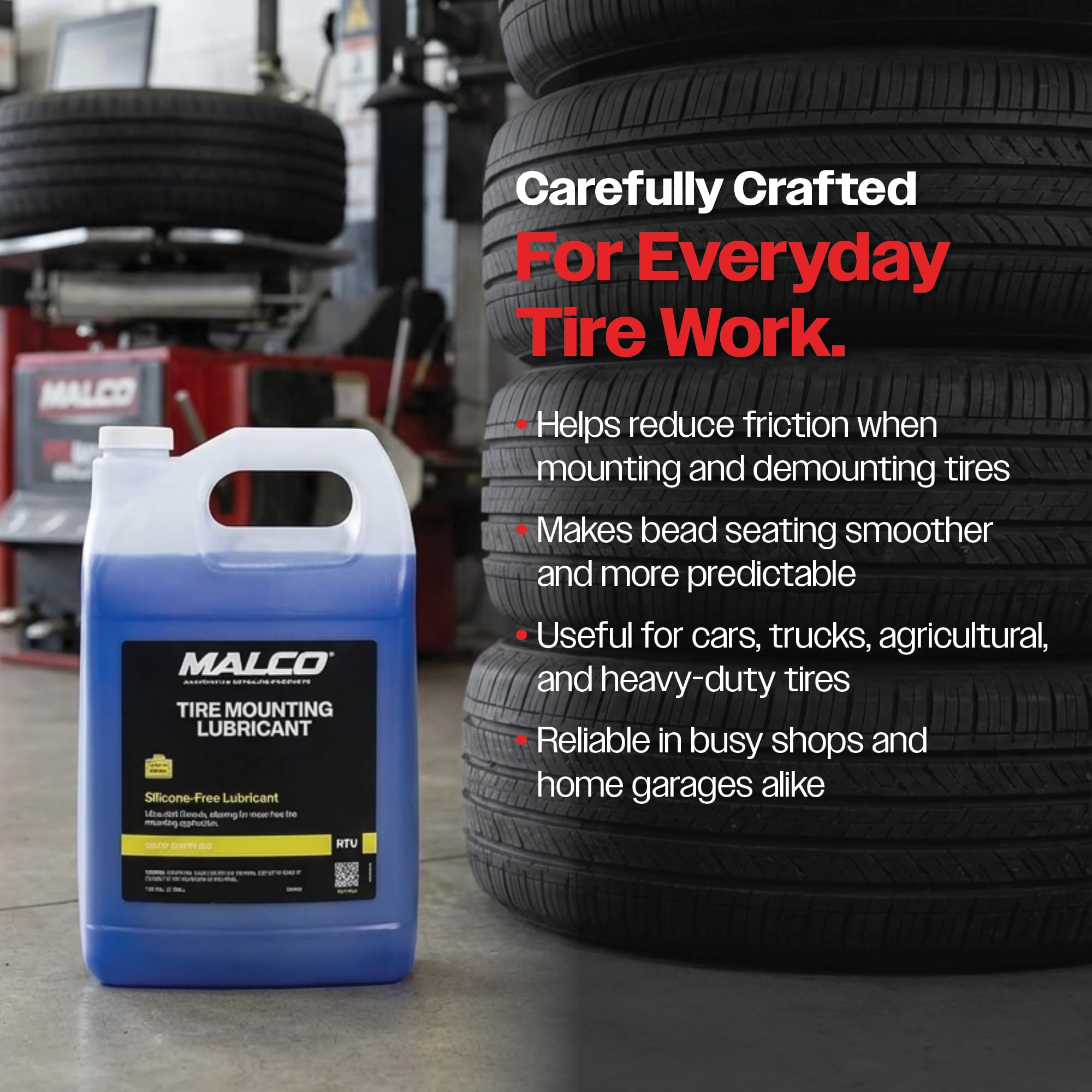 Malco lubricant used on tractor tire showing heavy-equipment compatibility
