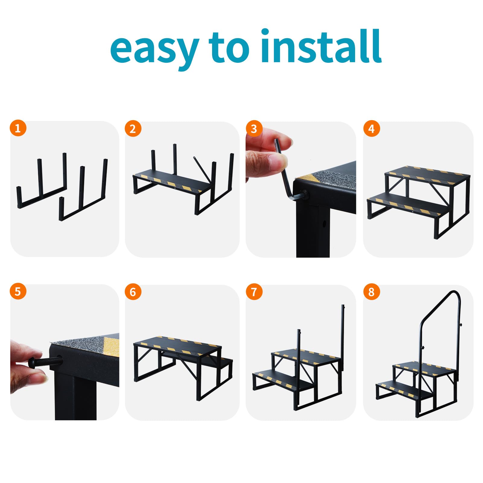Manifish assembled steps attached to an RV providing safe outdoor access