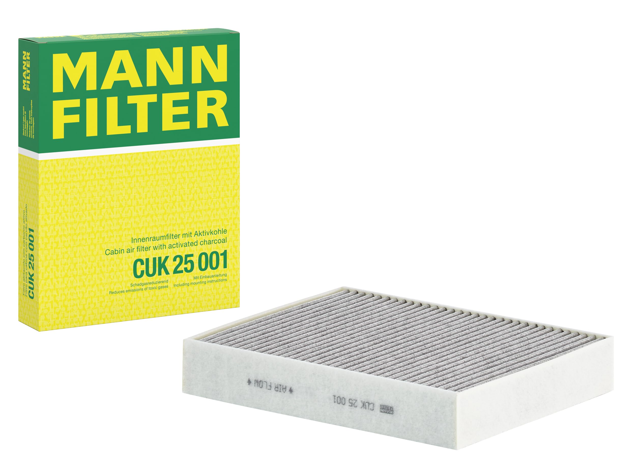 MANN-FILTER front packaging showing model CUK 25 001 and benefits