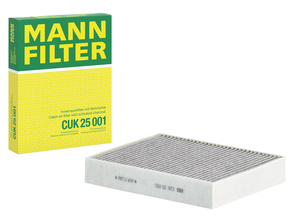 MANN-FILTER front packaging showing model CUK 25 001 and benefits