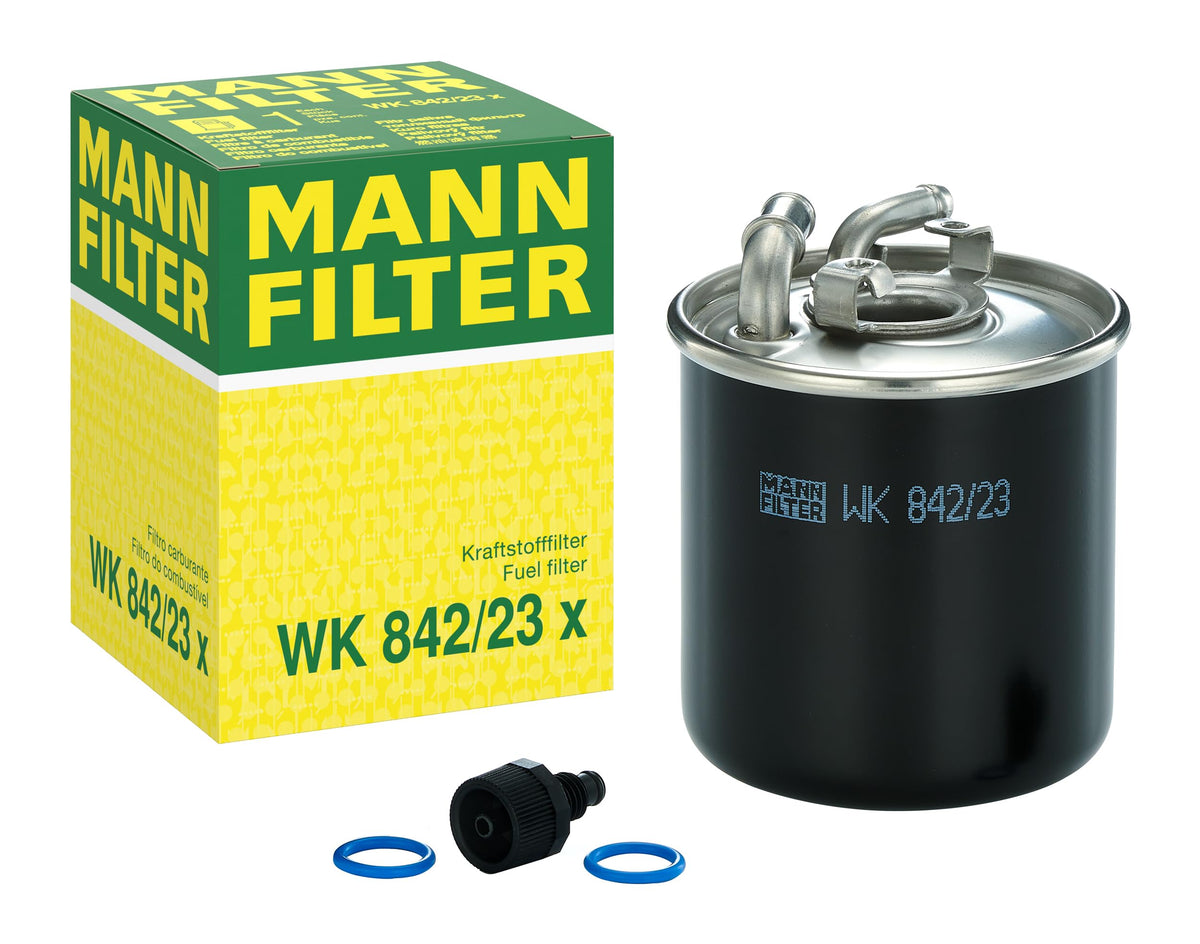MANN-FILTER front view of fuel filter showing canister and fitment benefit