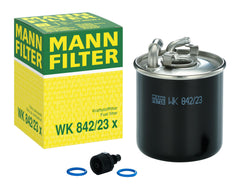 MANN-FILTER front view of fuel filter showing canister and fitment benefit