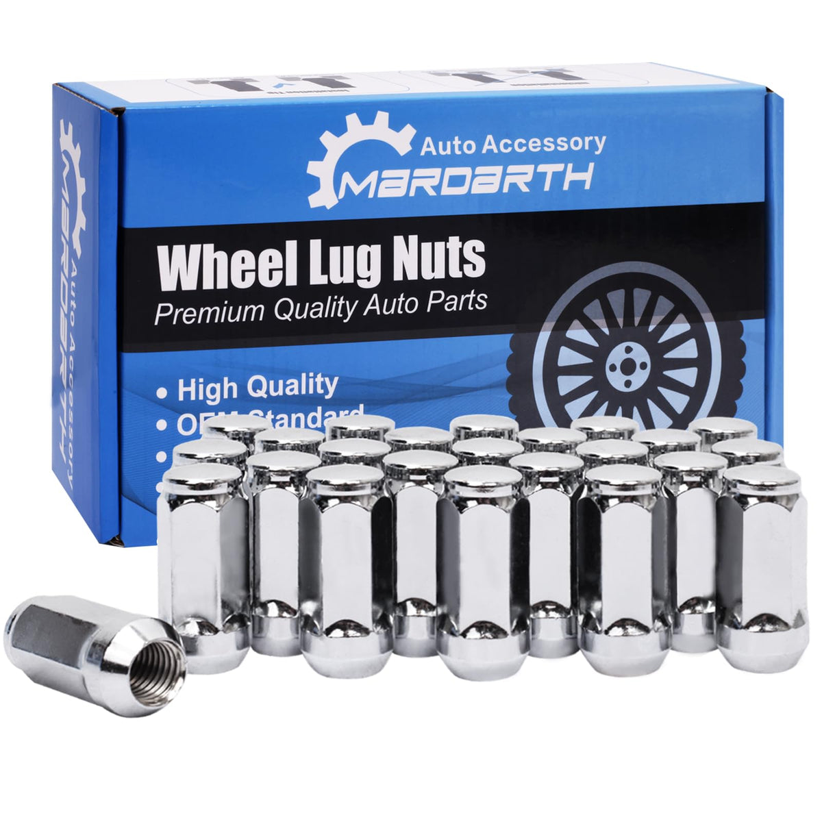 Mardarth chrome acorn lug nuts front pack showing set and finish benefits