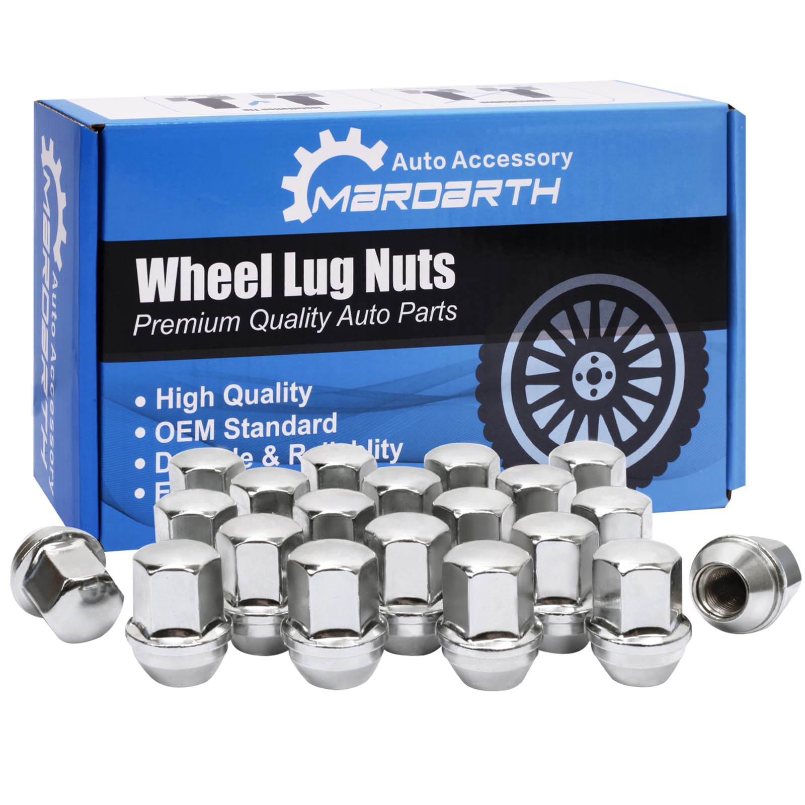 Mardarth chrome lug nuts front-packaging showing set of 20 and fitment details