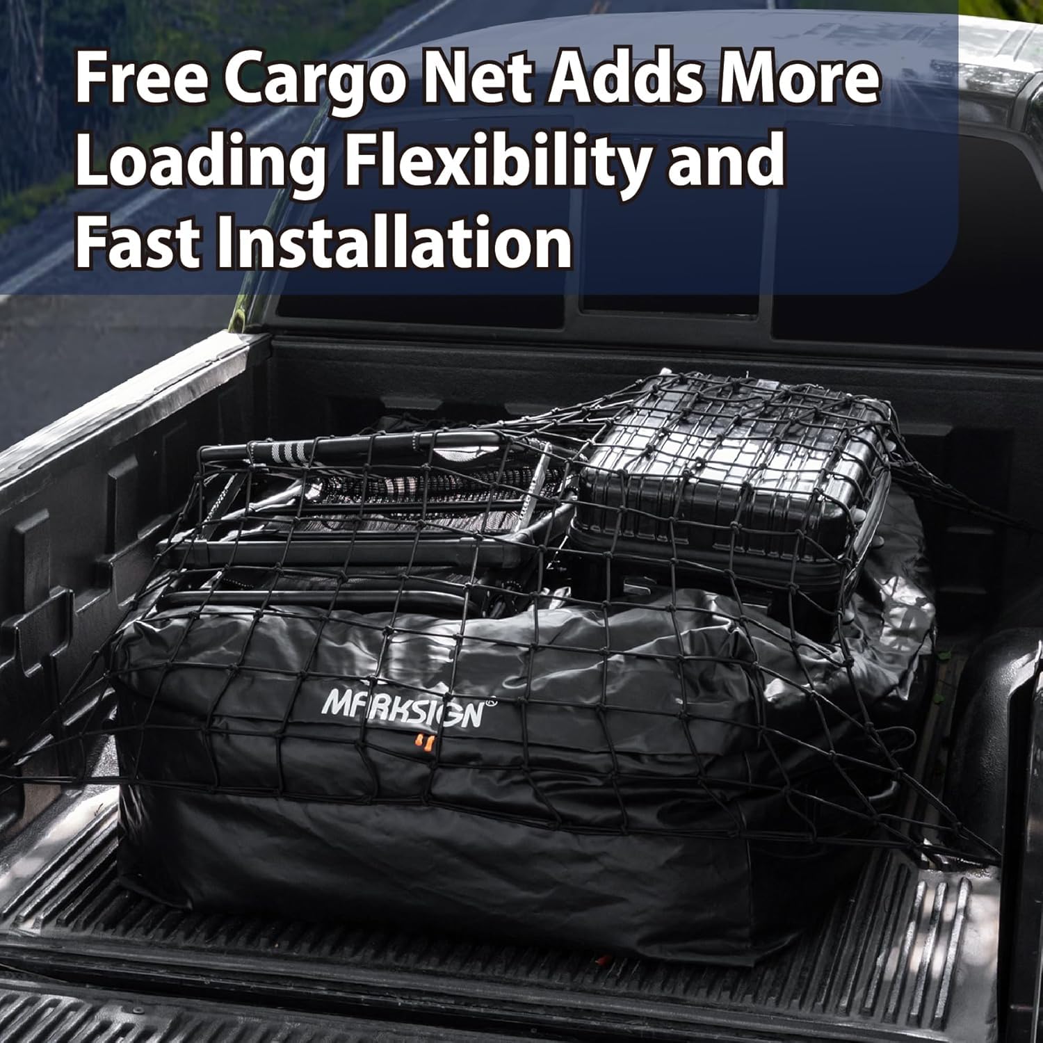 MARKSIGN bag in truck bed with size comparison for planning loads