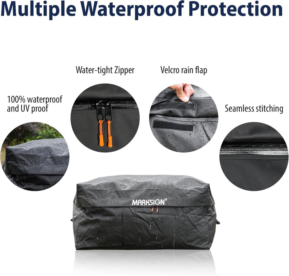 MARKSIGN vinyl-coated zipper and Velcro rain flap keeping contents dry