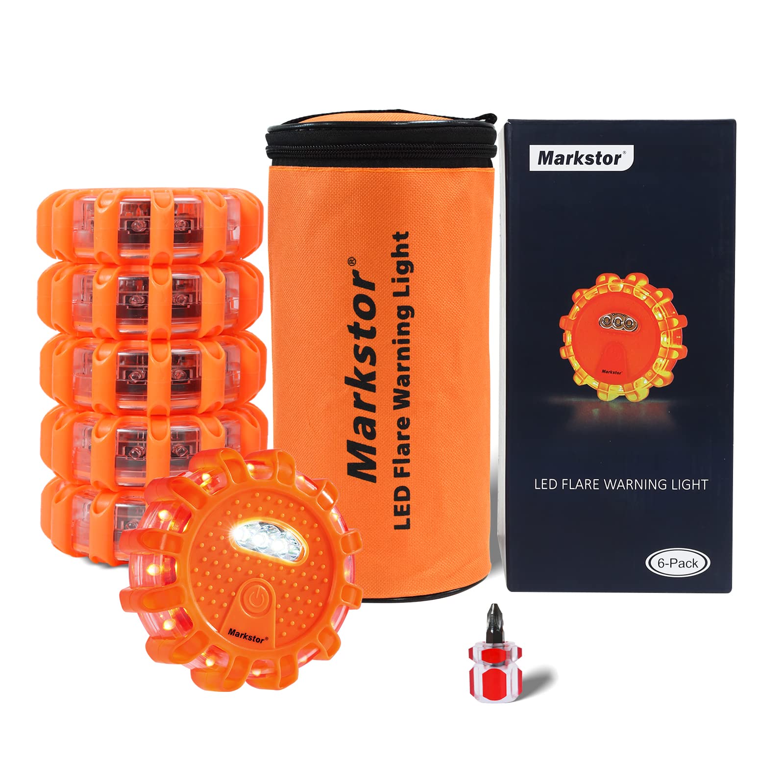 Markstor front packaging showing six LED road flares and bag for quick identification and benefit