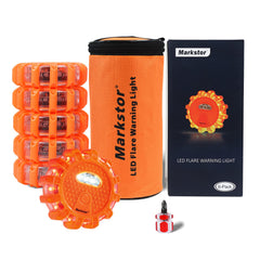 Markstor front packaging showing six LED road flares and bag for quick identification and benefit