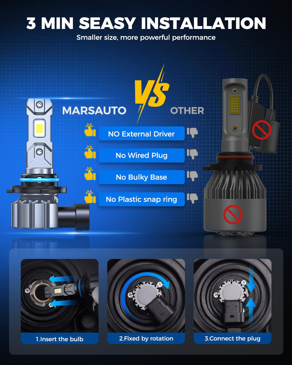 Marsauto M1S beside a stock halogen bulb size comparison illustrating direct-fit compatibility