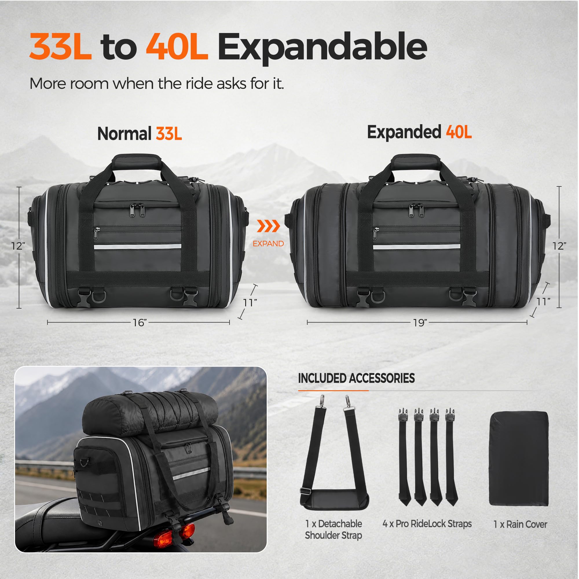 Marscamd bag expanded versus compact to show 33L to 40L capacity — flexible storage