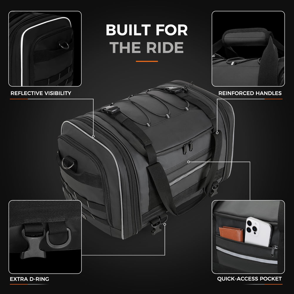 Marscamd bag mounted on motorcycle rear rack in road setting — practical travel use