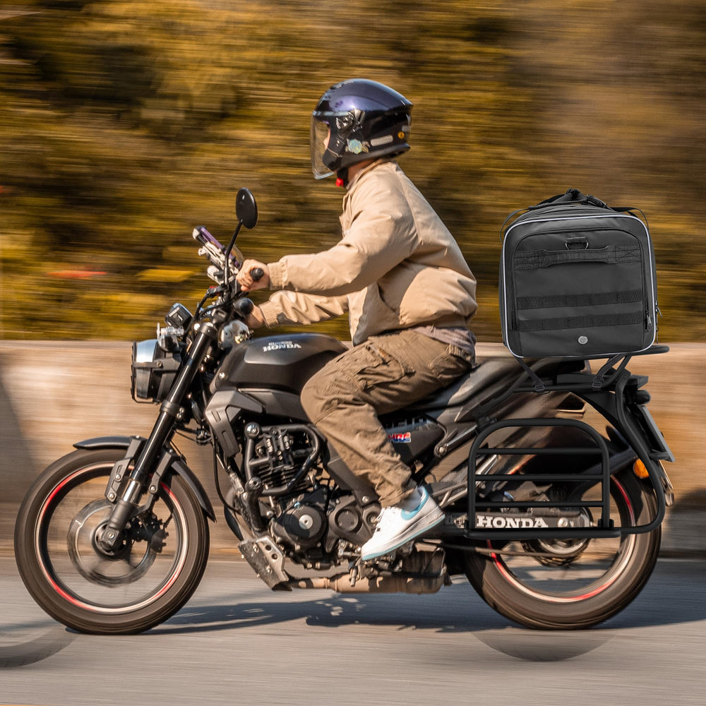 Marscamd lifestyle shot on sportbike demonstrating travel-ready convenience