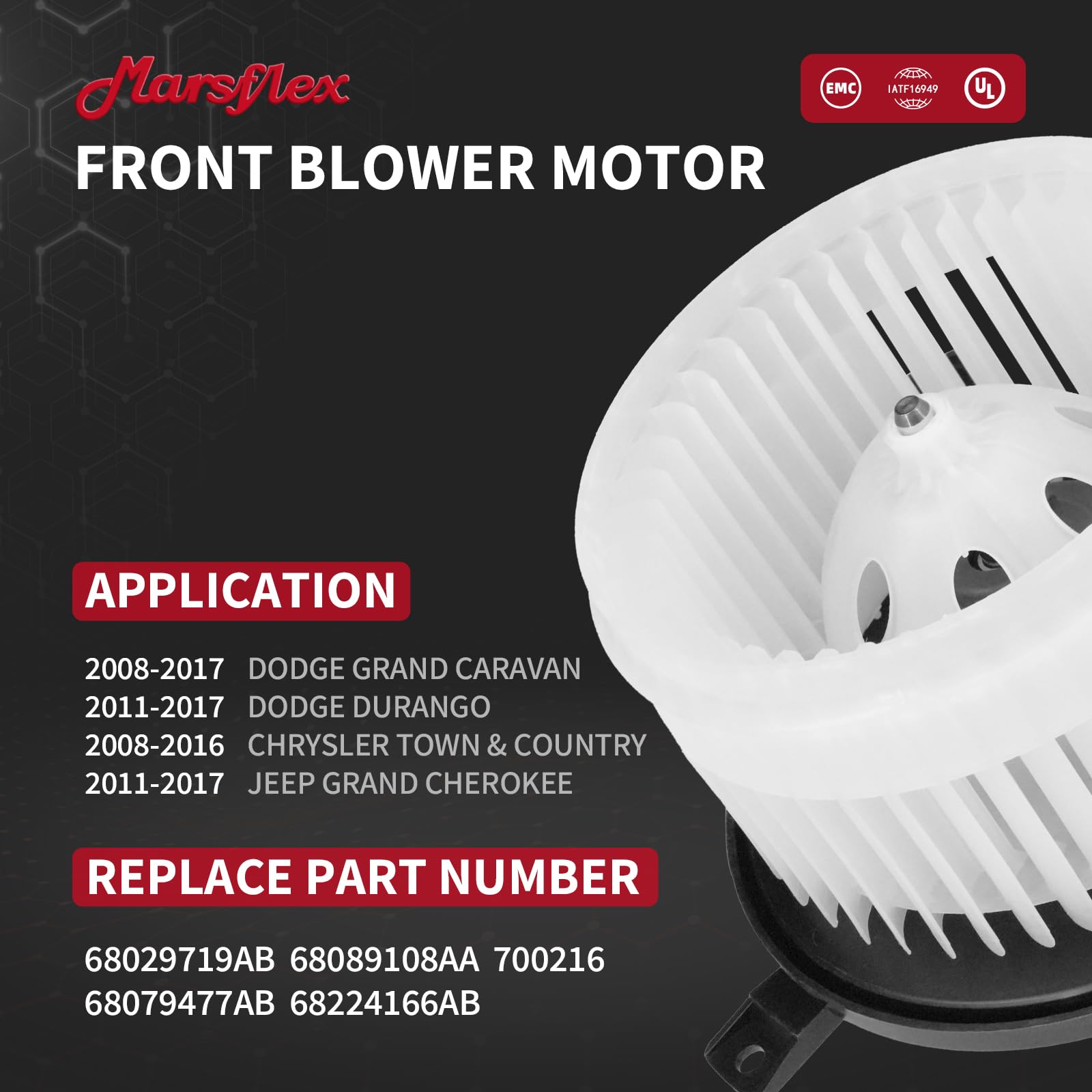 Marsflex profile of fan cage and blades, improves airflow and reduces dust buildup