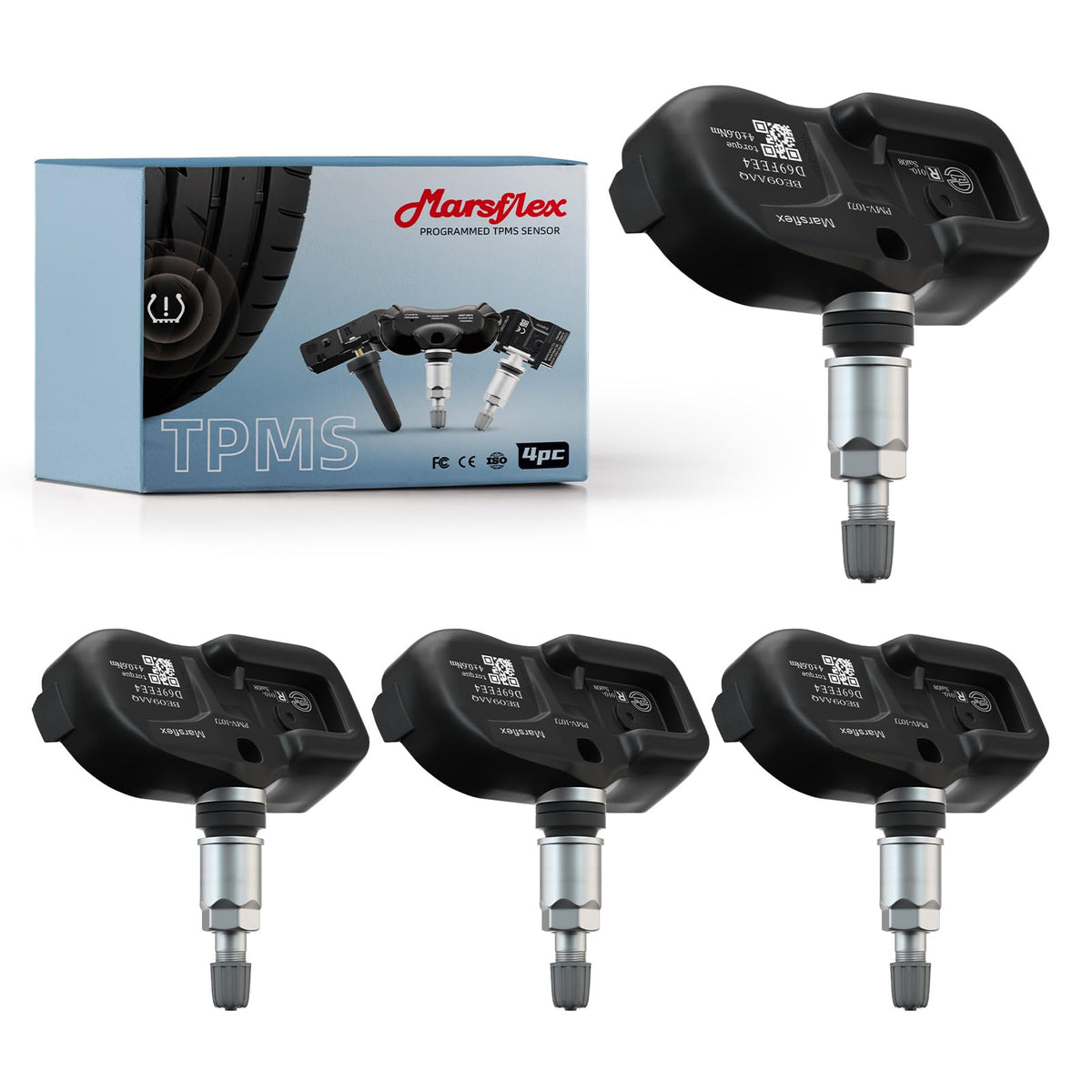 Marsflex front packaging showing four TPMS sensors and kit for easy replacement
