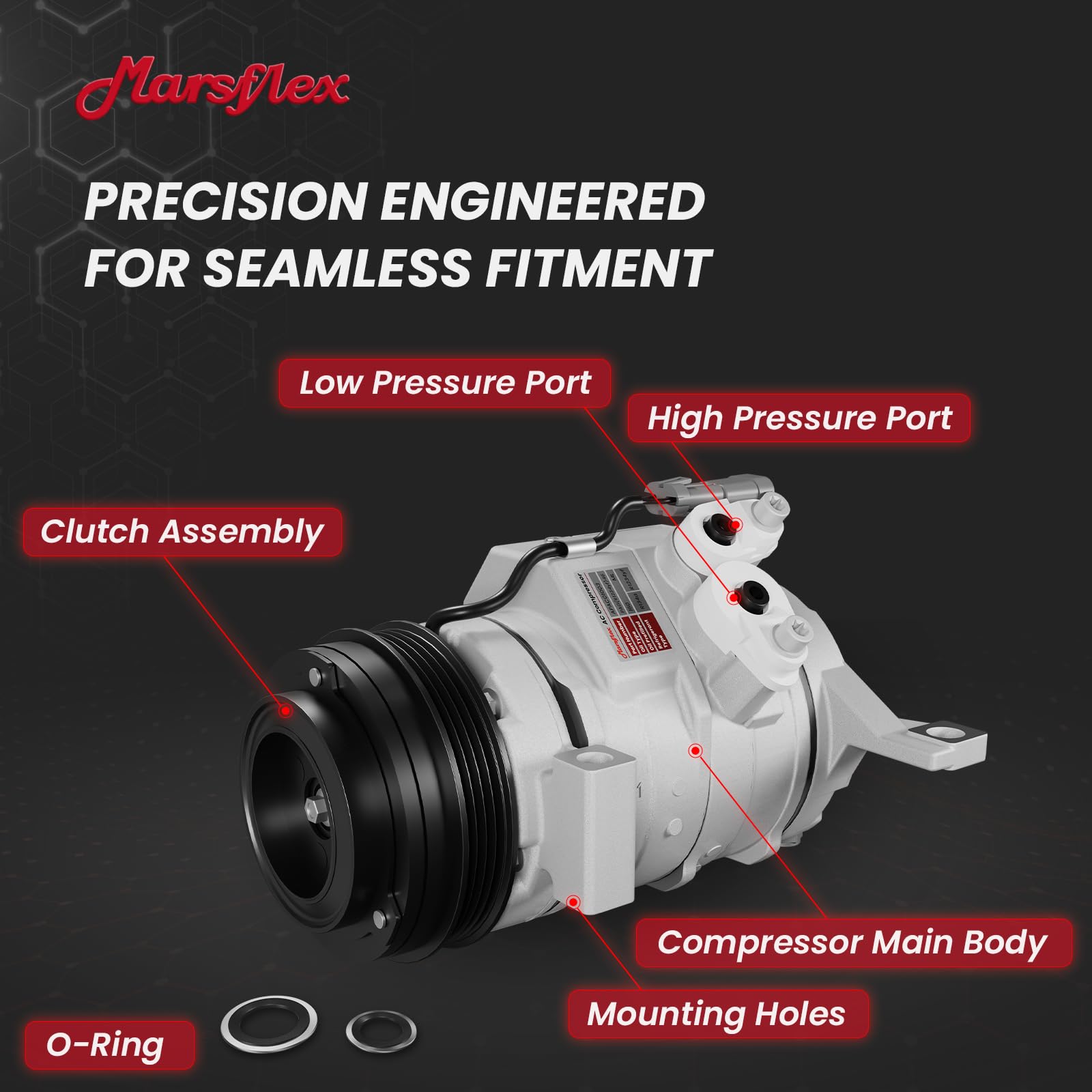 Marsflex compressor installed in engine bay demonstrating direct-fit replacement benefit