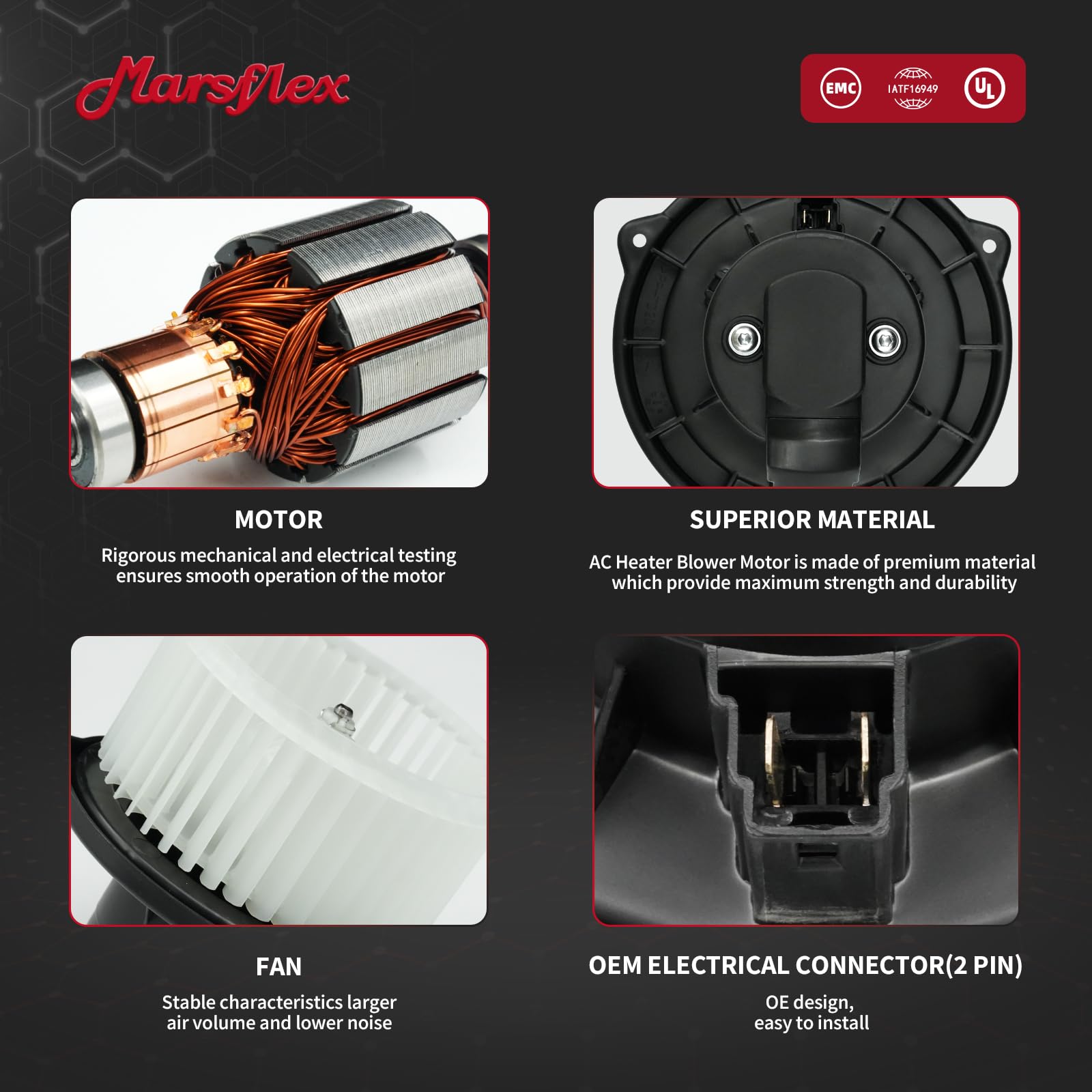 Marsflex motor label and connector detail showing reliable electrical fit
