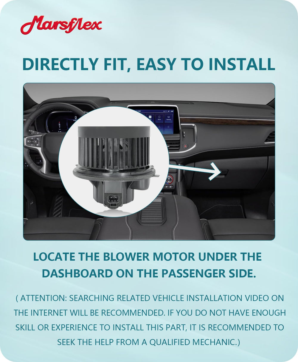 Marsflex blower motor beside tape measure showing compact size and direct-fit advantage