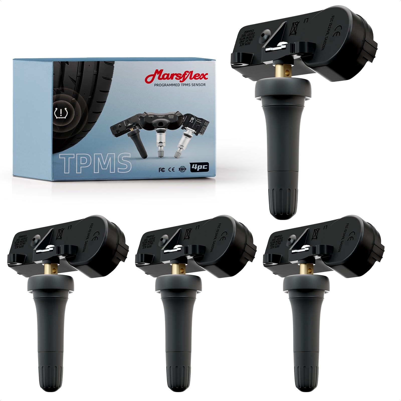 Marsflex TPMS front view showing sensor body and valve stem for easy replacement