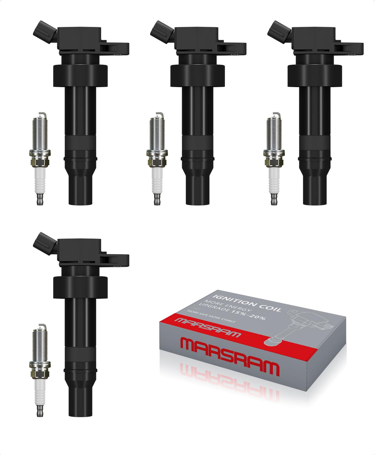 Marsram front kit box showing complete coil and spark plug set, ensures correct replacement