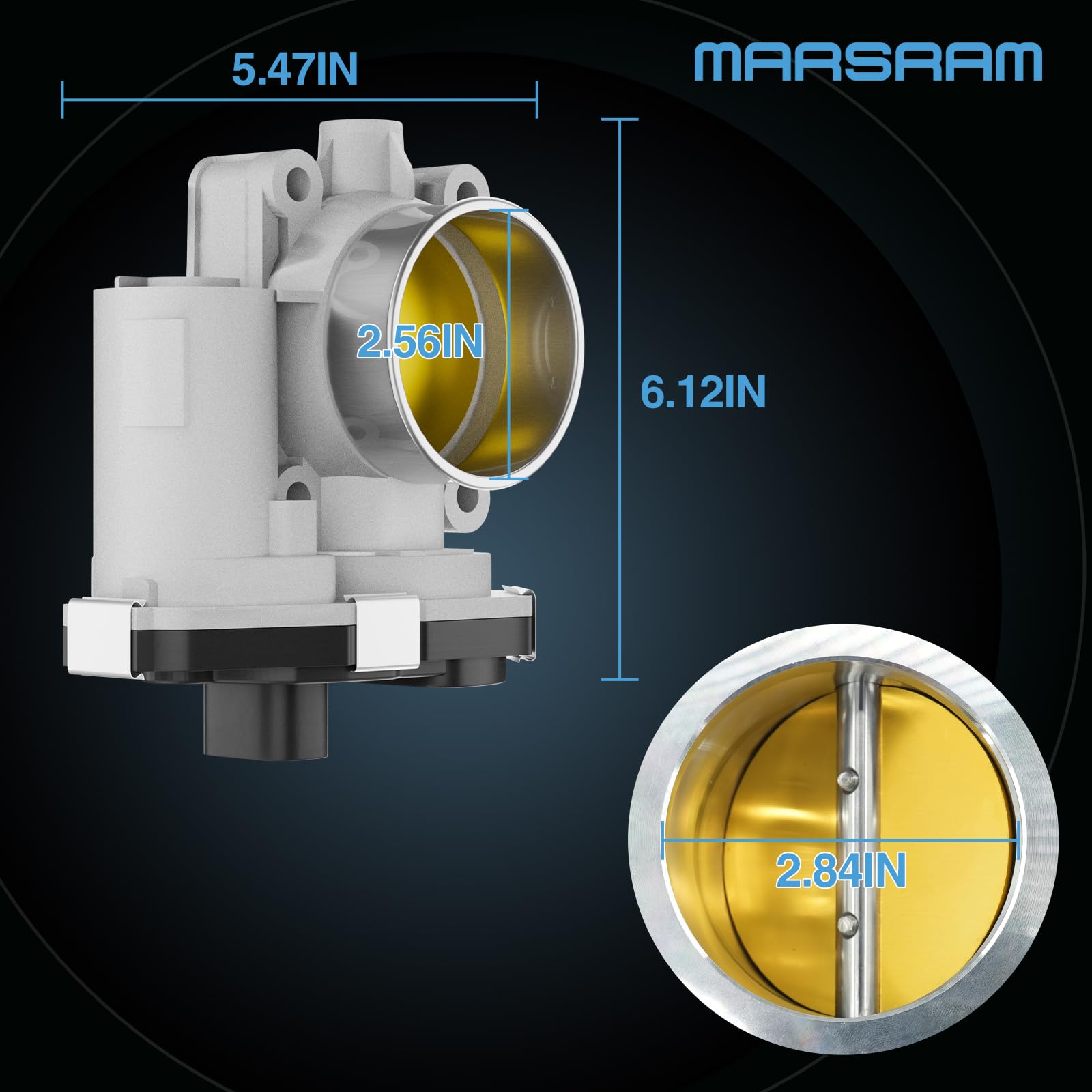 Marsram throttle body beside ruler showing size for easy scale reference