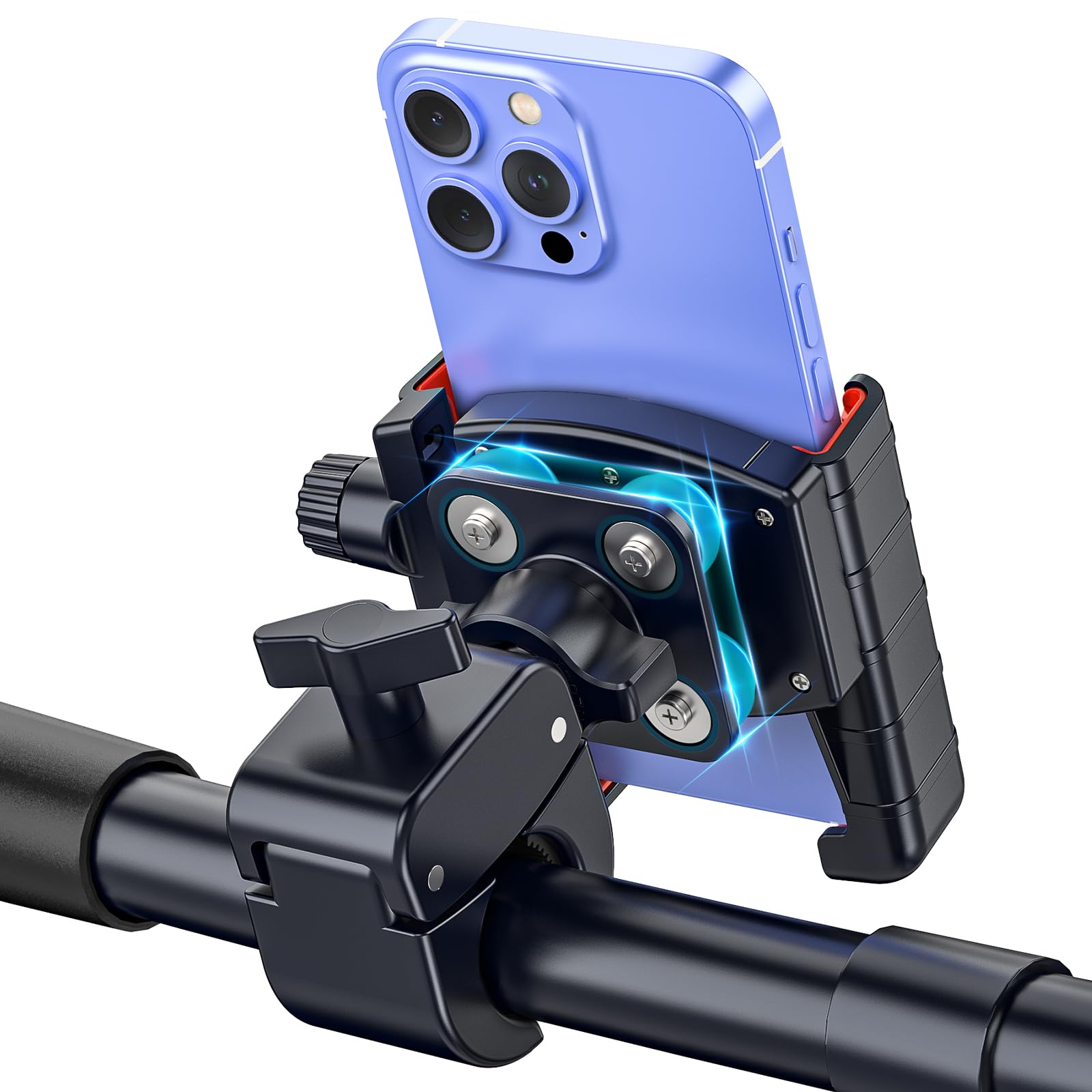 Marsrider front view mounted on motorcycle handlebar showing stable hold and safety