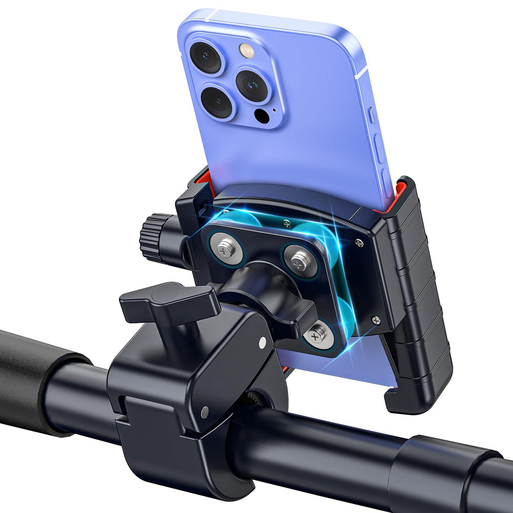 Marsrider front view mounted on motorcycle handlebar showing stable hold and safety