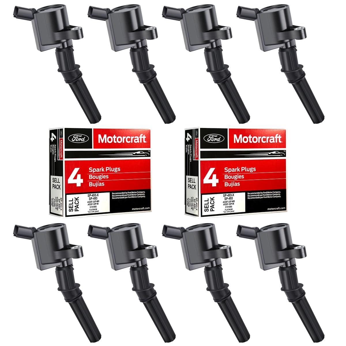 MAS front packaging shows full 8‑coil set and one Motorcraft plug, clear fitment benefit