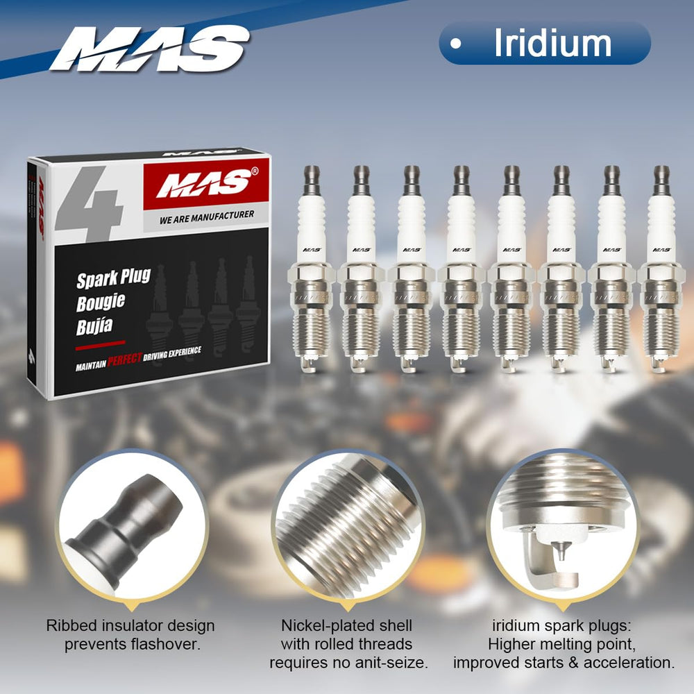 MAS iridium spark plugs aligned to show consistent electrode gap and uniform quality