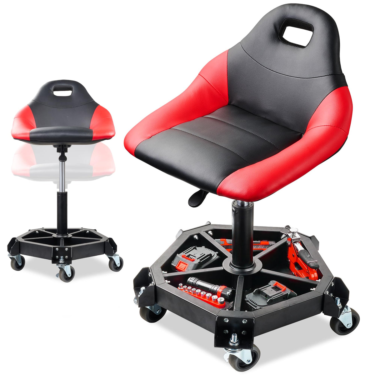 Masgole front view red stool showing stable five-pronged base and seat, improves workshop posture