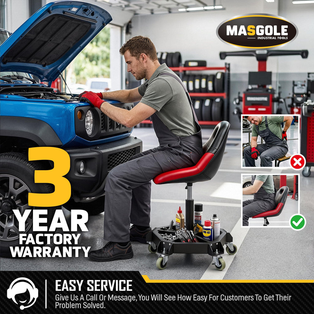 Masgole rolling stool in garage by workbench, enhances efficiency and keeps tools handy