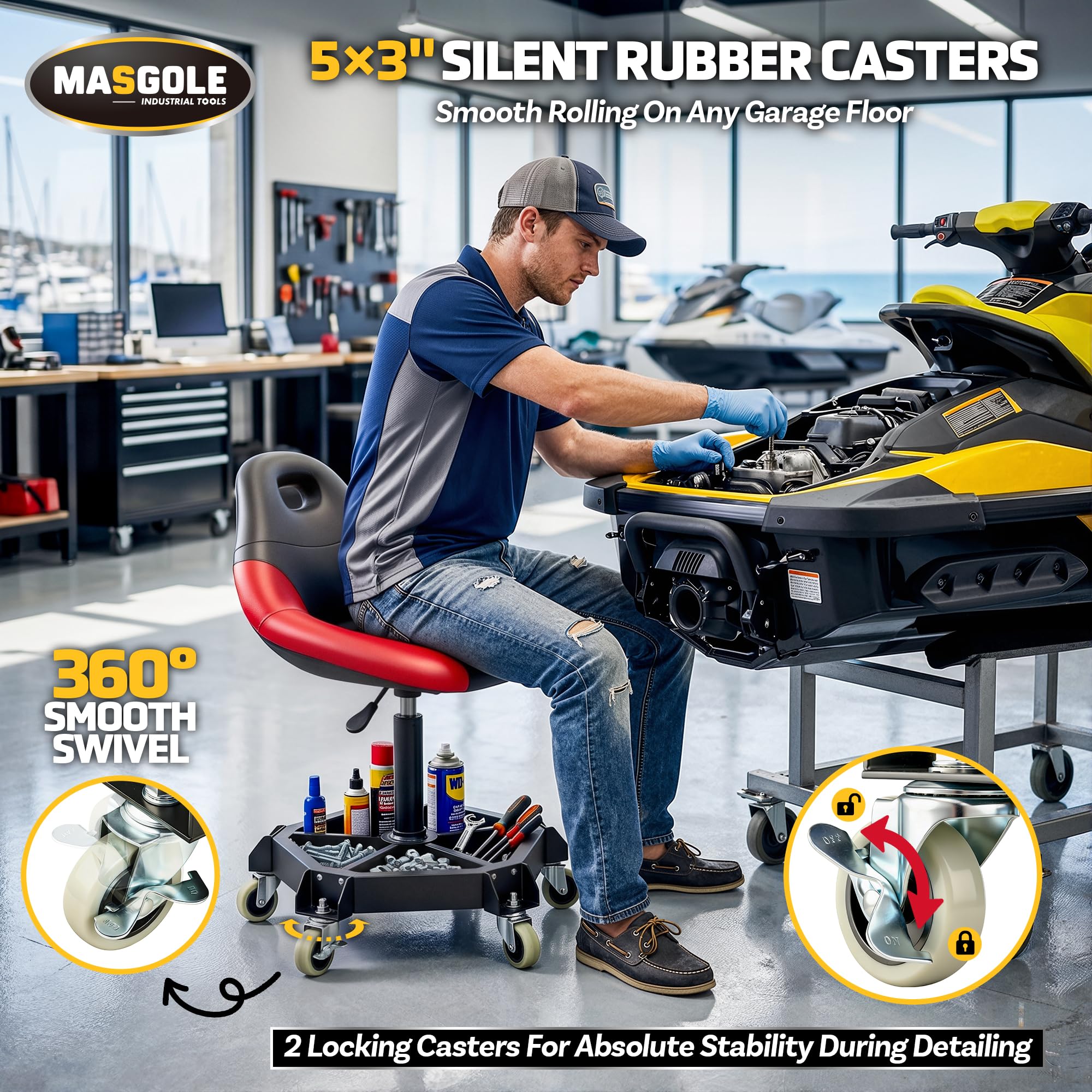 Masgole three-inch rubber caster with lock engaged, smooth mobility and secure anchoring