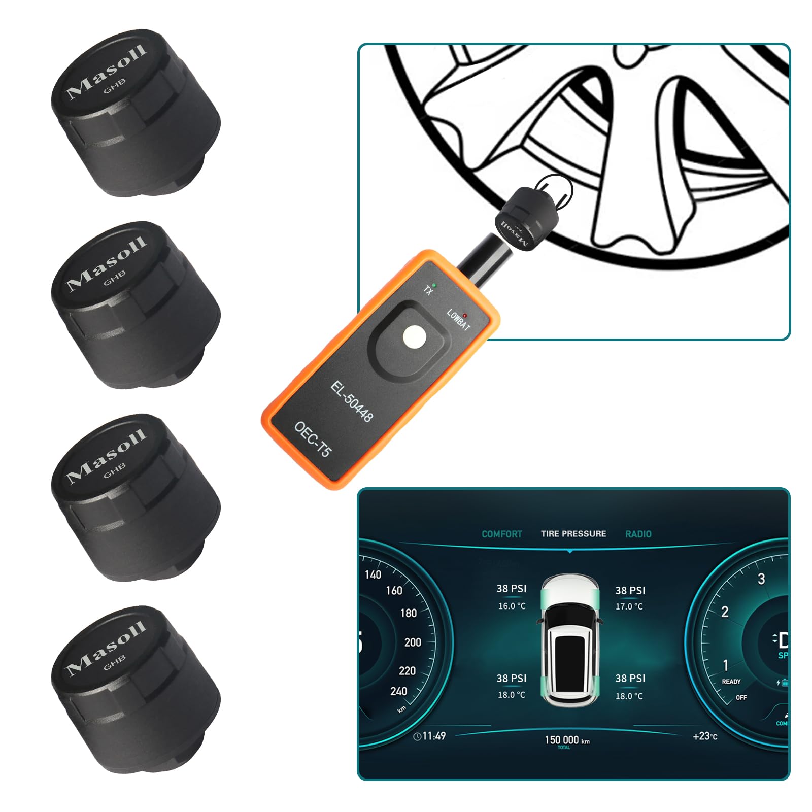 Masoll front packaging showing full TPMS kit and included EL-50448 tool for easy DIY