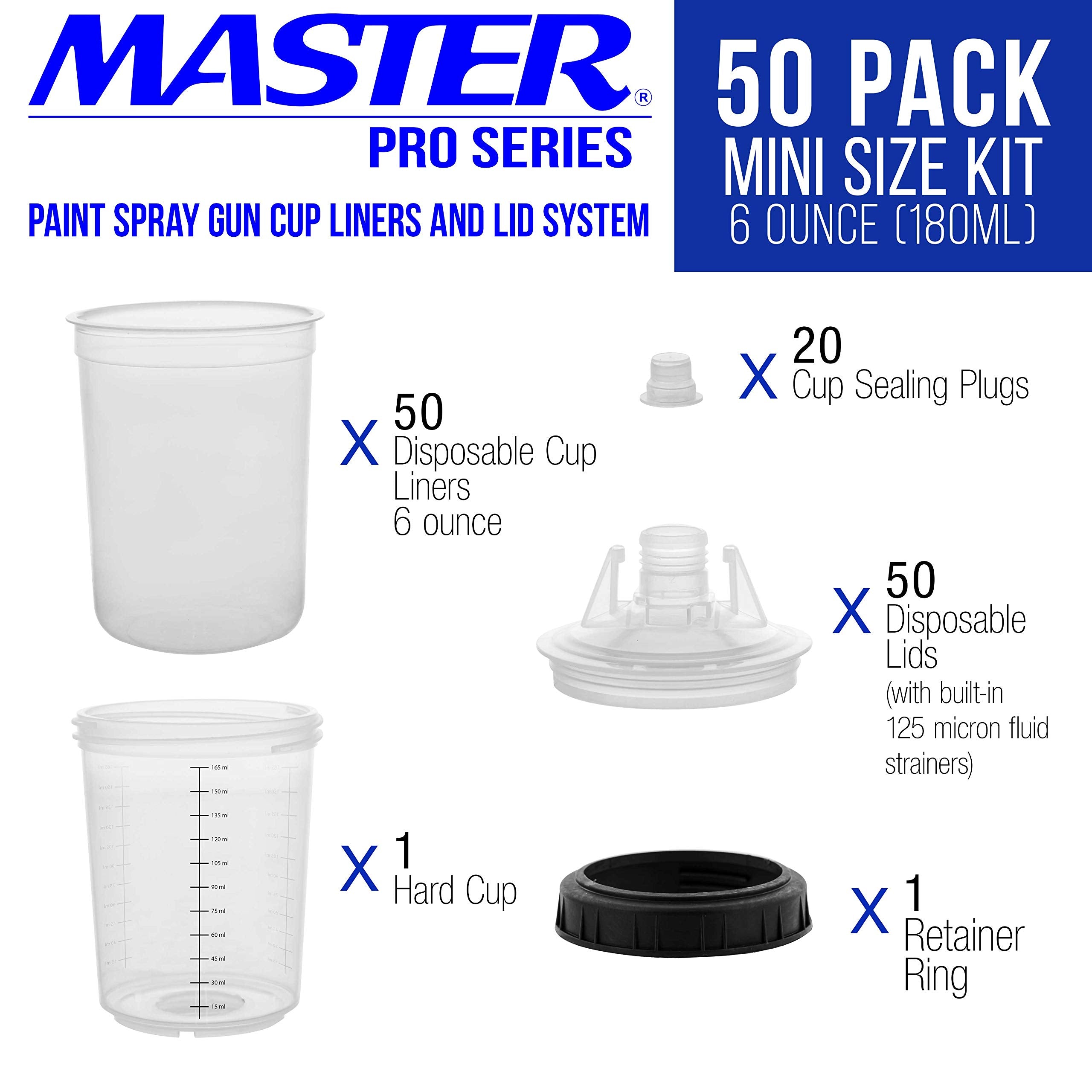 Master Airbrush close-up of disposable liners and lids highlighting built-in 125-micron strainers