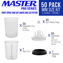 Master Airbrush close-up of disposable liners and lids highlighting built-in 125-micron strainers